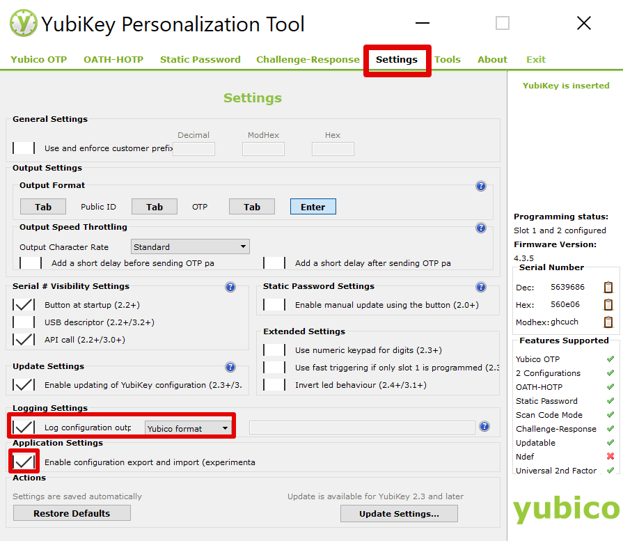 Yubico YubiKey settings inteface
